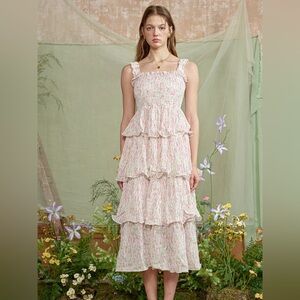 Rosie Posie Floral Tiered Ruffle Midi Dress in Light Pink